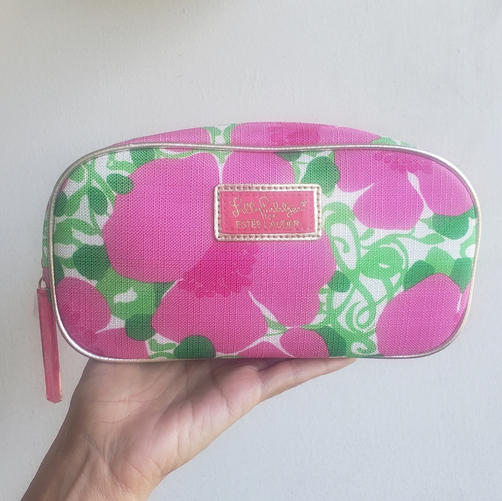 Lilly Pulitzer For Estée Lauder Pink & Green Floral Canvas Makeup Cosmetic Bag